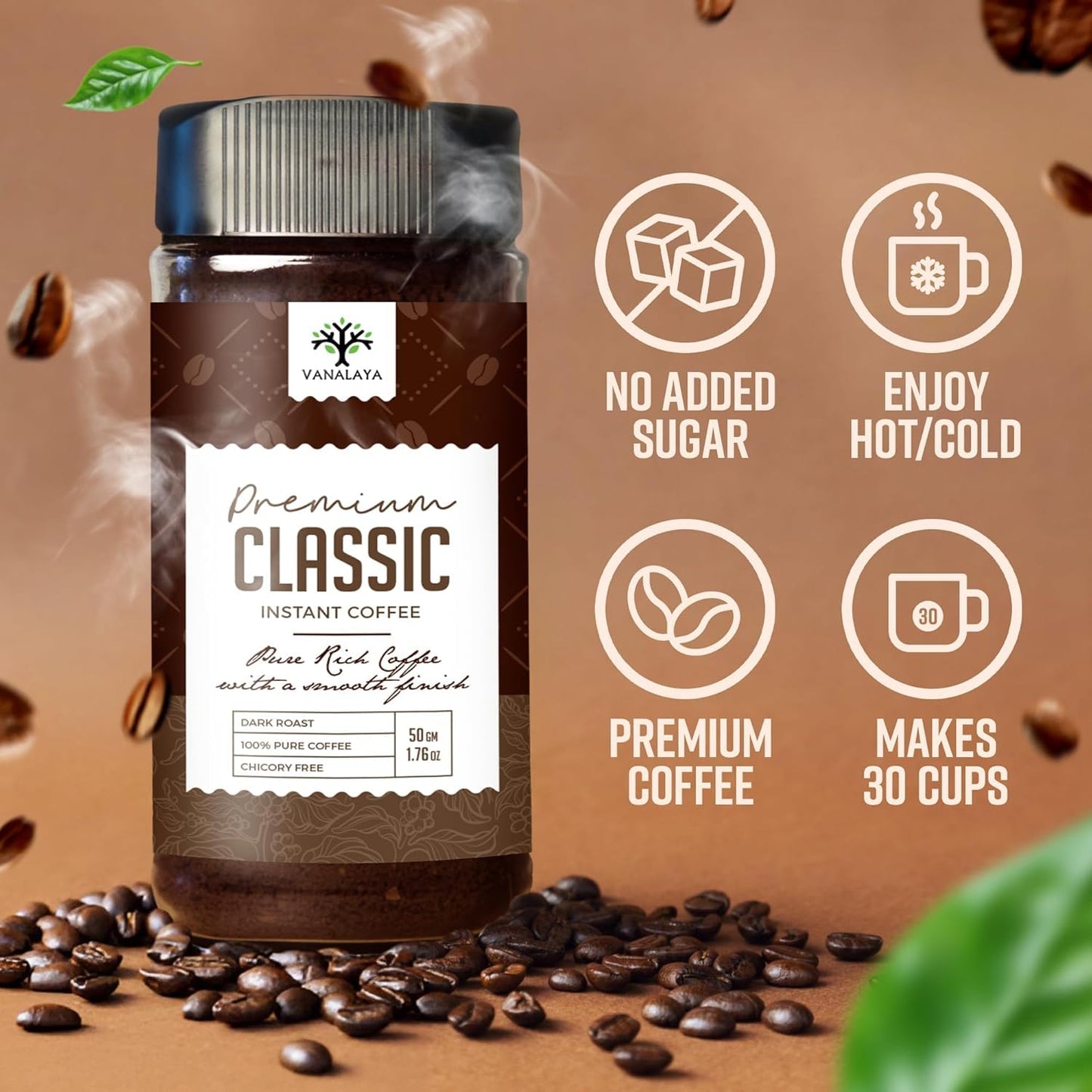 Vanalaya Instant Coffee Powder - 100% Pure Coffee Classic Premium Blend | Dark Roast Bold Flavour Rich Aroma | Chicory Free Coffee Powder 50g