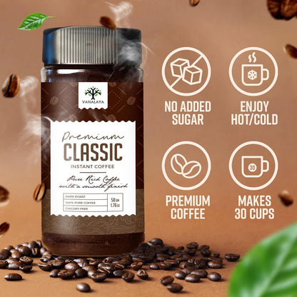 Vanalaya Instant Coffee Powder - 100% Pure Coffee Classic Premium Blend | Dark Roast Bold Flavour Rich Aroma | Chicory Free Coffee Powder 50g