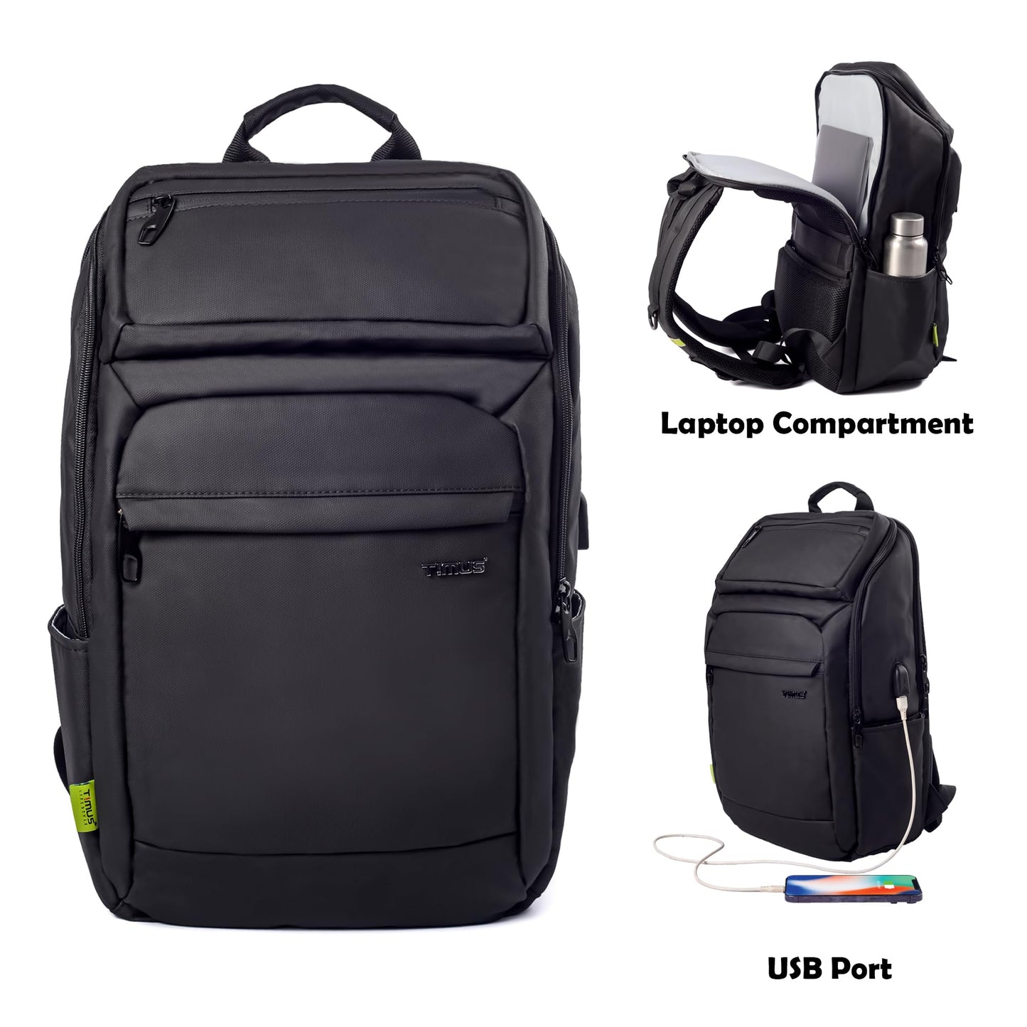 Timus Tokyo Black Professional Laptop Backpack for Men & Women 28 L with 15.6 Inch Laptop Compartment | Water resistant with USB Port Anti-Theft Bag | Premium Polyester Fabric