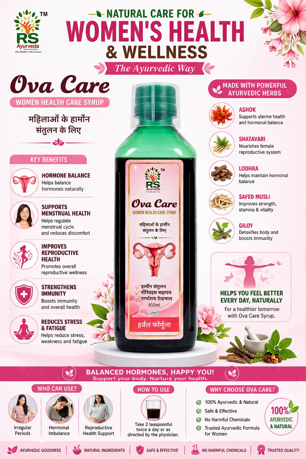 RS Ayurveda Ova Care Women Health Care Syrup | Herbal Women Wellness Formula | Hormonal Balance Support | 450ml