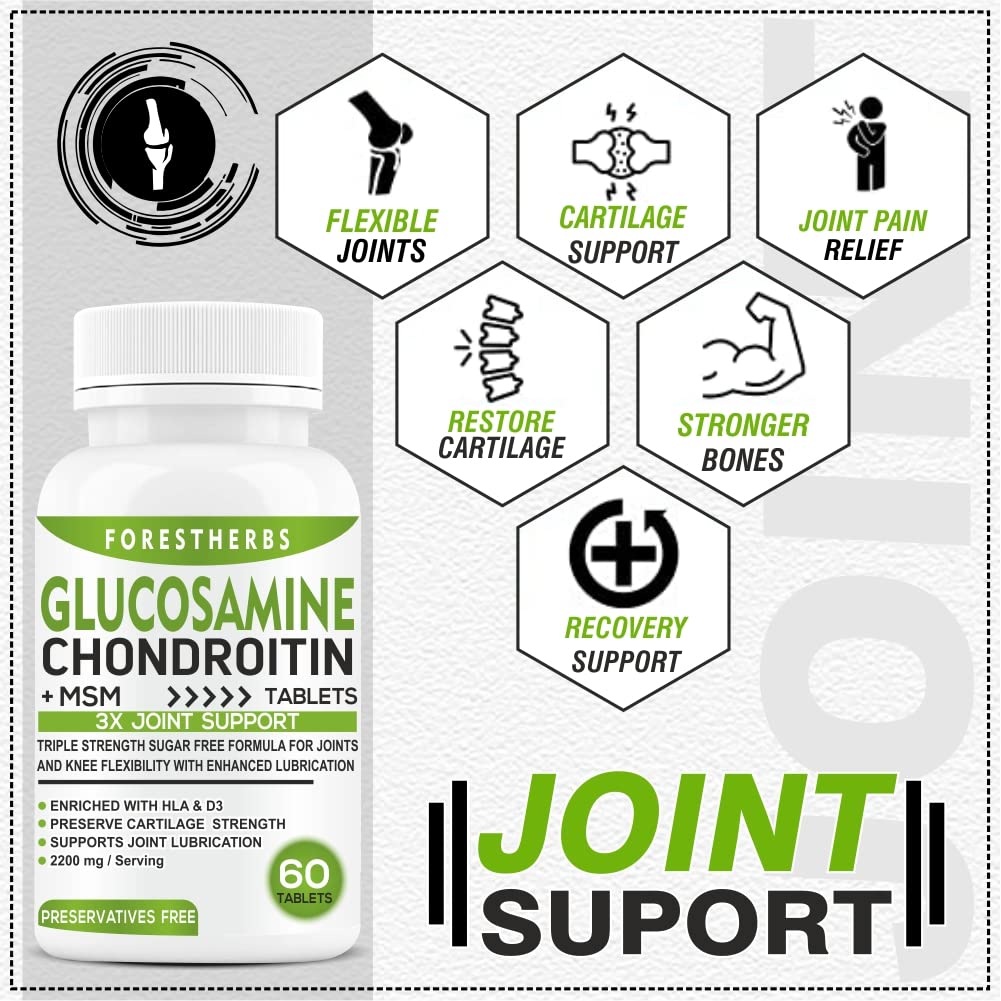 FORESTHERBS Joint Support Supplement With Glucosamine HCL, Boswellia Serrata, Chondroitin, MSM, Vitamin D3, And Hyaluronic Acid Supplements For Knee, Bone, & Muscle Strength-30 Tablet (Pack 1)