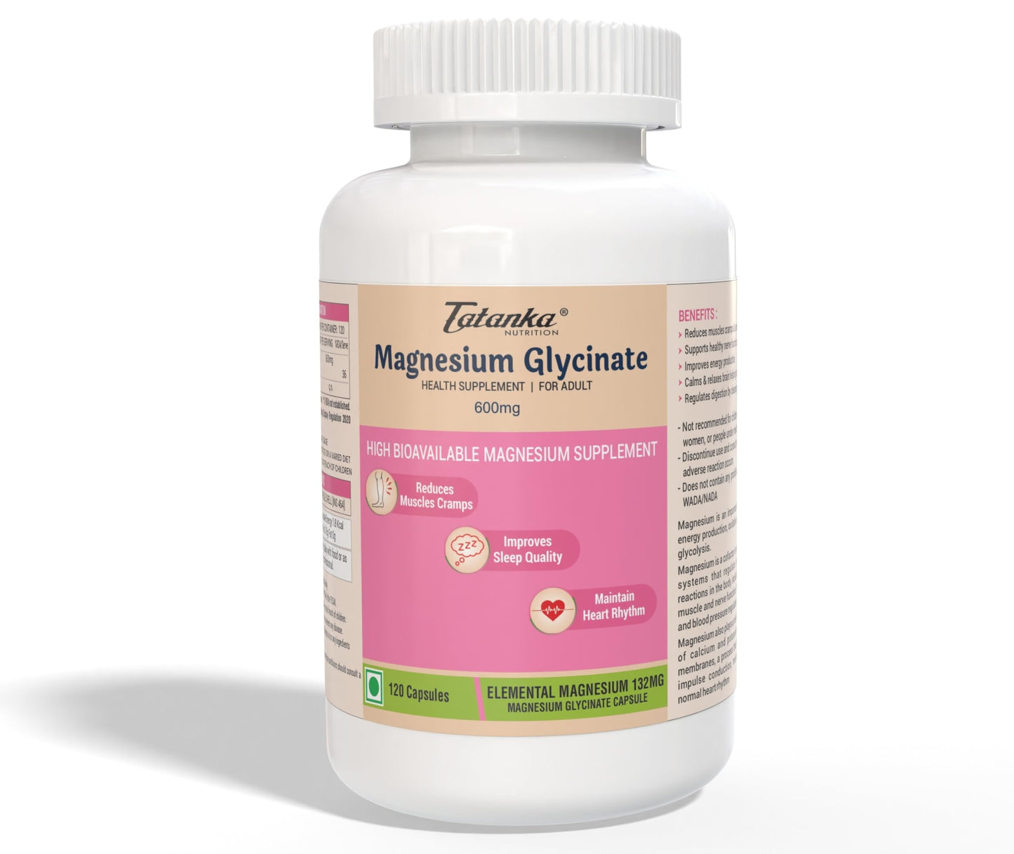 Tatanka Nutrition Magnesium Glycinate 600MG per serving Highly Bioavailable | Helps Sleep & Heart Rhythm Reduces Muscle Cramps | Vegeterian Health Supplement for Adult (120 Capsules) Pack of - 3