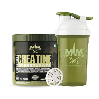 Muscle Military Creatine Monohydrate Powder 100g + Atom Force Shaker | Micronized Creatine for Strength, Power & Workout Performance | Unflavoured