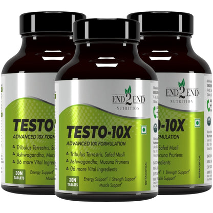 End2End Nutrition Testo-10X Natural Testosterone Booster for Men with Tribulus, L-Arginine, Ashwagandha and Safed Musli for Strength, Stamina, Energy and Muscle Gain – (Pack of 3) 30x3 Tablets