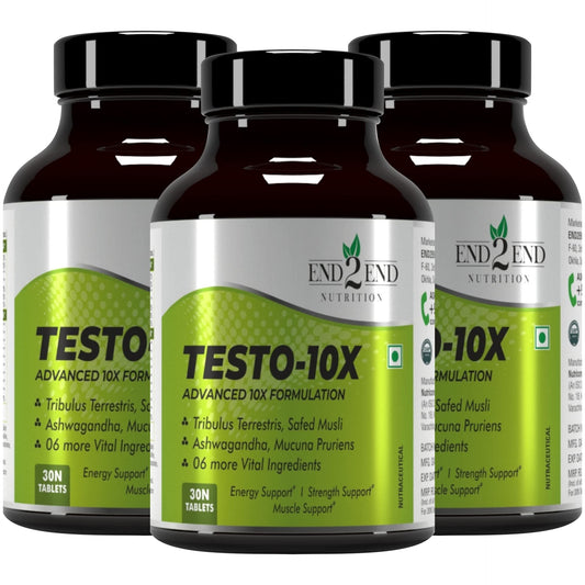 End2End Nutrition Testo-10X Natural Testosterone Booster for Men with Tribulus, L-Arginine, Ashwagandha and Safed Musli for Strength, Stamina, Energy and Muscle Gain – (Pack of 3) 30x3 Tablets