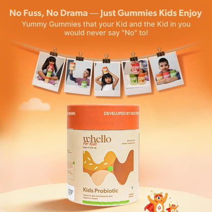 Whello Kids Probiotic Gummies for 4+ Years | Digestive Health & Gut Microbiome Support | No Added Sugar | Orange Flavour | 30 Gummies | Daily Health Supplement for Kids