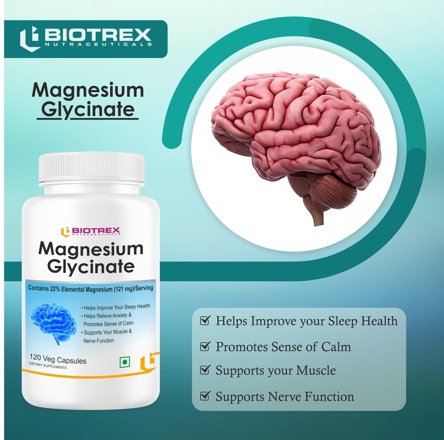 Biotrex Nutraceuticals Magnesium Glycinate | Highest Bioavailability | Cramps, Sleep & Mood balance | Chelated Form With Superior Absorption | Muscle Recovery & Nerve Function | 120 Veg Capsules