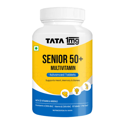 TATA 1mg Senior 50+ Multivitamin & Multimineral Veg Tablet with Calcium for Bone, Skin, Eye, Immunity, Heart & Joints, For Men & Women, Non-GMO & No Added Preservatives (Pack Of 60)