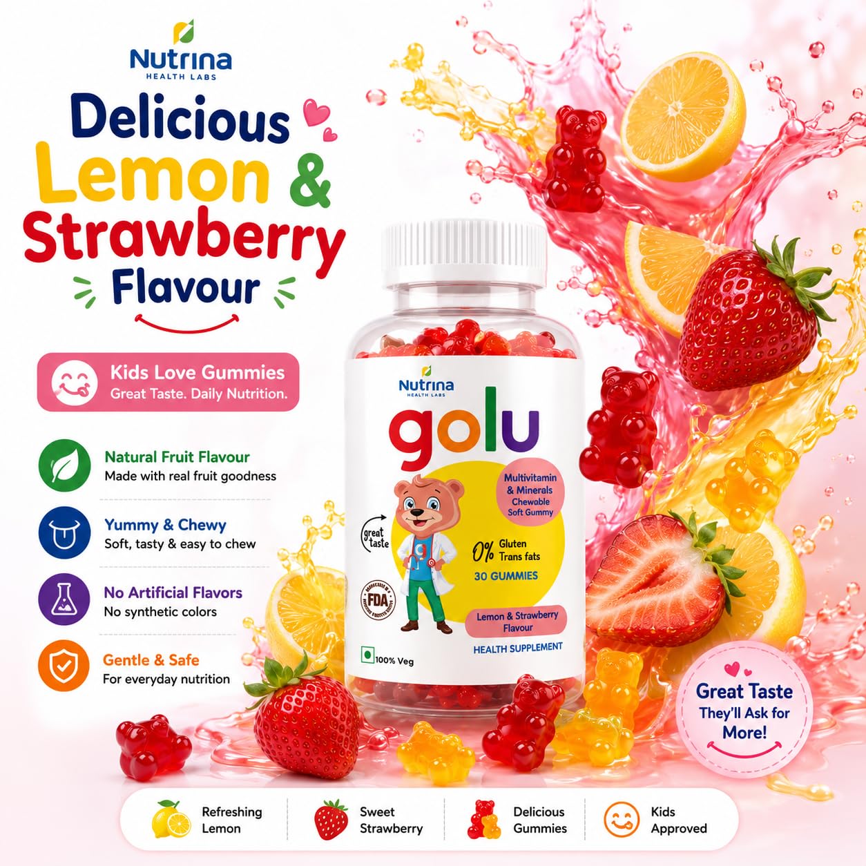 Nutrina Health Labs Golu Multivitamins And Minerals Gummy For Kids 5 to 13 years, Supports Child Growth And Development, Boosts Energy Level, 30 Gummies (Pack of 1)