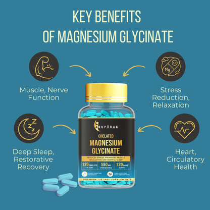 Magnesium Glycinate Tablets 550mg — 100% Pure Chelated Form · No Magnesium Oxide | Supports Sleep, Relaxation & Muscle Function | Non-Laxative · Gentle Daily Formula | 120 Veg Tablets (120 Days)