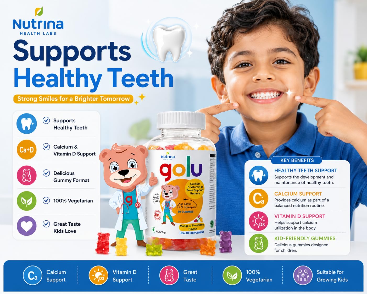 Nutrina Health Labs Golu Vegetarian Calcium+Vitamin D Gummy for Kids (5-13 years) for Strong Bones Teeth and Healthy Muscles, Nut free, Gelatin Free | 30 Gummies (1 Bottle of 30 Gummies)