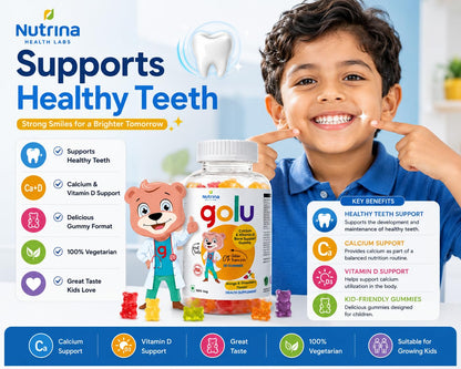 Nutrina Health Labs Golu Vegetarian Calcium+Vitamin D Gummy for Kids (5-13 years) for Strong Bones Teeth and Healthy Muscles, Nut free, Gelatin Free | 30 Gummies (1 Bottle of 30 Gummies)