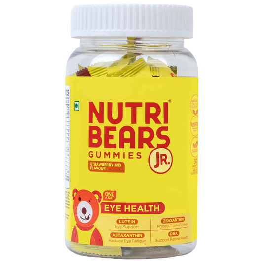 NutriBears Kids Eye Health Gummies | Lutein + Astaxanthin + DHA + Zeaxanthin | Screen Time Eye Care | No Artificial Colours | USFDA-Registered | Vegetarian | Ages 2–12 | Strawberry | 30 Gummies