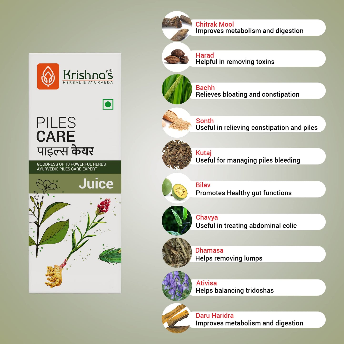 KRISHNA'S HERBAL & AYURVEDA Piles Care Juice - 1000 Ml, Ayurvedic Piles Care Expert, Goodness Of Chitrak Mool, Bachh, Kutaj, Bilav & 6 Other Herbs