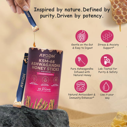 AYODH Pure Ashwagandha KSM66 Honey Sticks with Natural Honey Vanilla 30 SingleServe Packets for Relaxation Focus Immunity – Pack of 2 – Men & Women