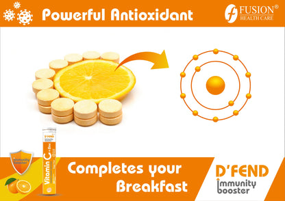 D'FEND Natural Vitamin C - 20 Effervescent Tablets, Amla Extract + Zinc for Daily Immunity | Helps to boost & Strengthens Collagen for Healthy Skin, Hair & Nails- Orange Flavour