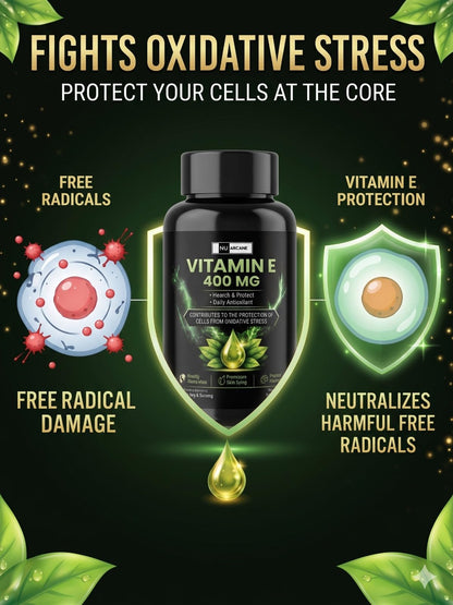 NuArcane Vitamin E 400mg Softgel Capsules | Daily Antioxidant Supplement for Healthy Hair, Glowing Skin & Anti-Aging | Prevents Wrinkles & Oxidative Stress | 60 Softgels