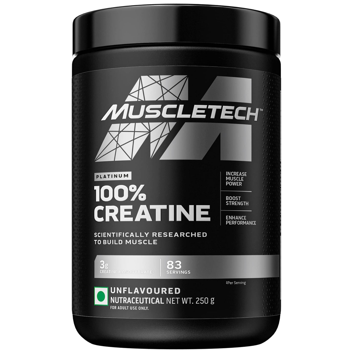 MuscleTech Platinum 100% Creatine Powder (Unflavoured - 250 Gram,83 Serves),Scientifically Researched to Build Muscle - Increase Muscle Power,Boost Strength & Enhance Performance,1 count,83 servings