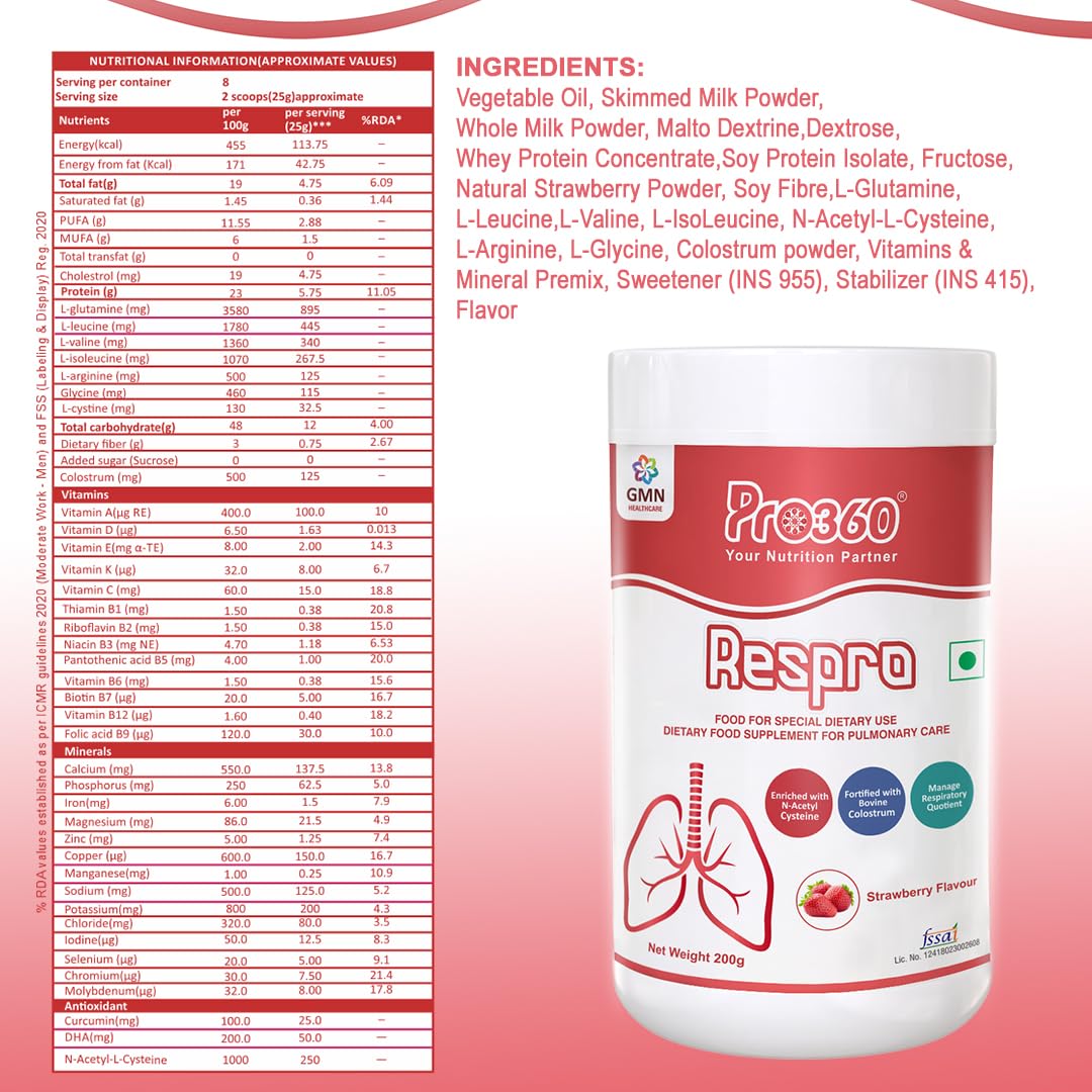 Pro360 Respro Nutritional Protein Supplement Powder with N-Acetyl L-Cysteine (NAC) for Pulmonary Care - Strawberry Flavor - 200g