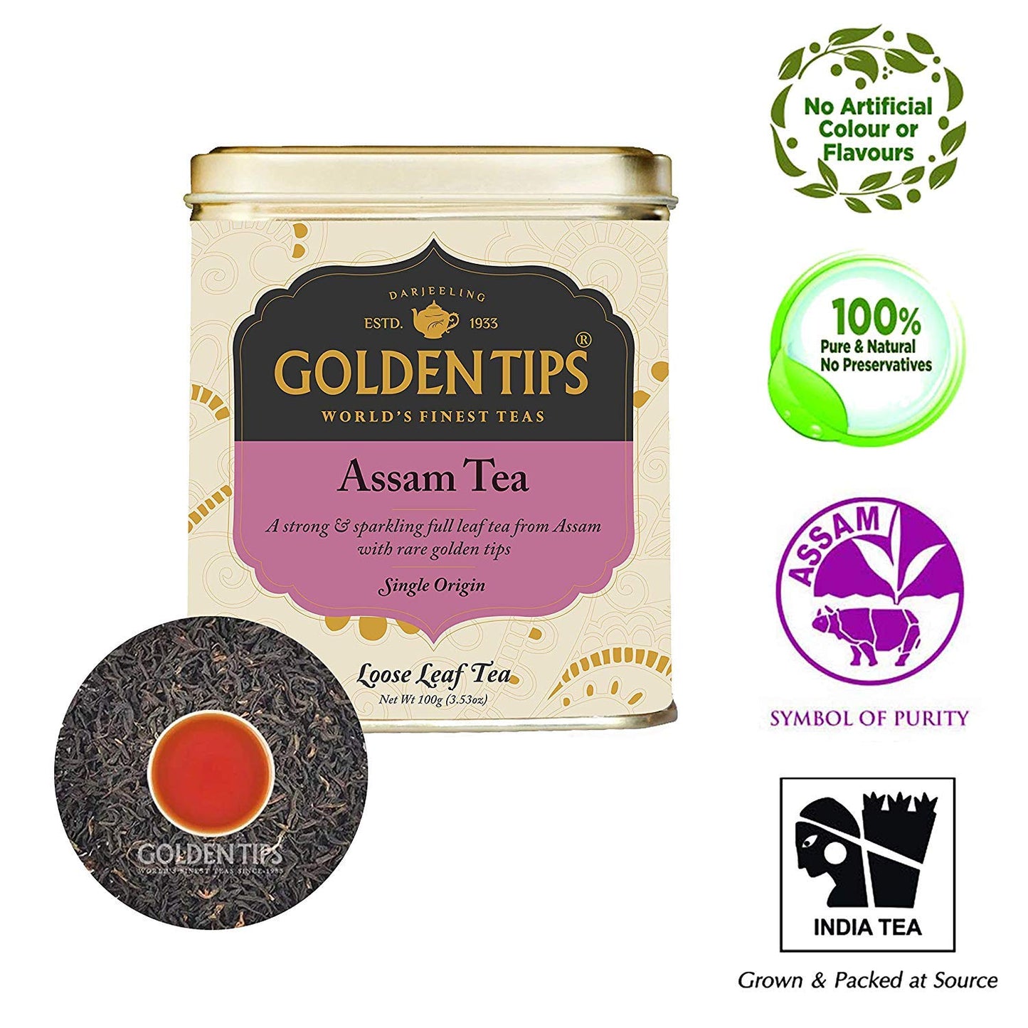 Golden Tips Garden Fresh Assam Long Leaf Black Tea (100 Gram, 50 cups)