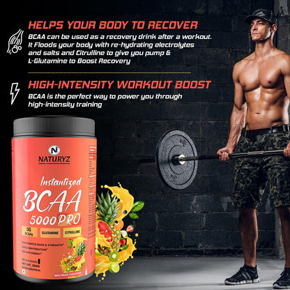 NATURYZ Instantized BCAA 5000 PRO |5G Vegan BCAAs | Glutamine | Citrulline | Electrolytes | 0 Added Sugar | Powerful Intra Workout Amino for Lean Muscle Growth, Strength, Quick Re-Hydration & Instant Energy - 300g(Mix Fruit Cocktail)
