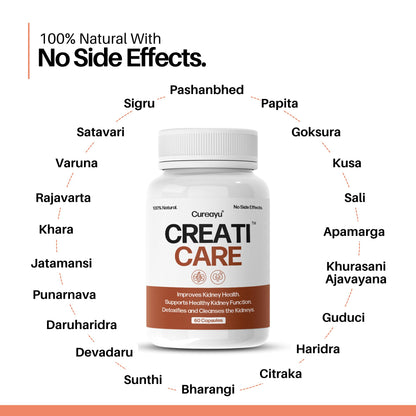 Cureayu CreatiCare™ Capsules – Herbal Supplement with Punarnava, Gokhru & Varuna | Supports Renal Wellness & Fluid Balance | 60 Veg Capsules