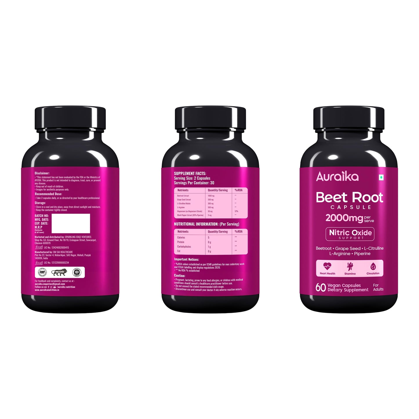 Auraika Beet Root Capsules 2000mg | 6-in-1 Nitric Oxide Support with Beetroot, L-Arginine, L-Citrulline & Grape Seed | Supports Circulation, Heart & Muscle Health, Energy, Stamina & Endurance | 60 Vegan Capsules