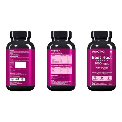 Auraika Beet Root Capsules 2000mg | 6-in-1 Nitric Oxide Support with Beetroot, L-Arginine, L-Citrulline & Grape Seed | Supports Circulation, Heart & Muscle Health, Energy, Stamina & Endurance | 60 Vegan Capsules