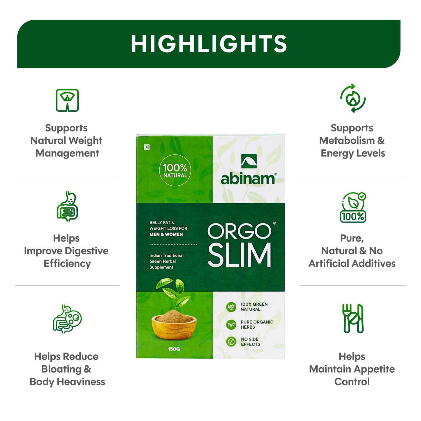 ABINAM Orgo Slim Herbal Wellness Powder for Weight Management Support | Natural Plant-Based Supplement | Daily Use | No Artificial Additives | 150g Pack