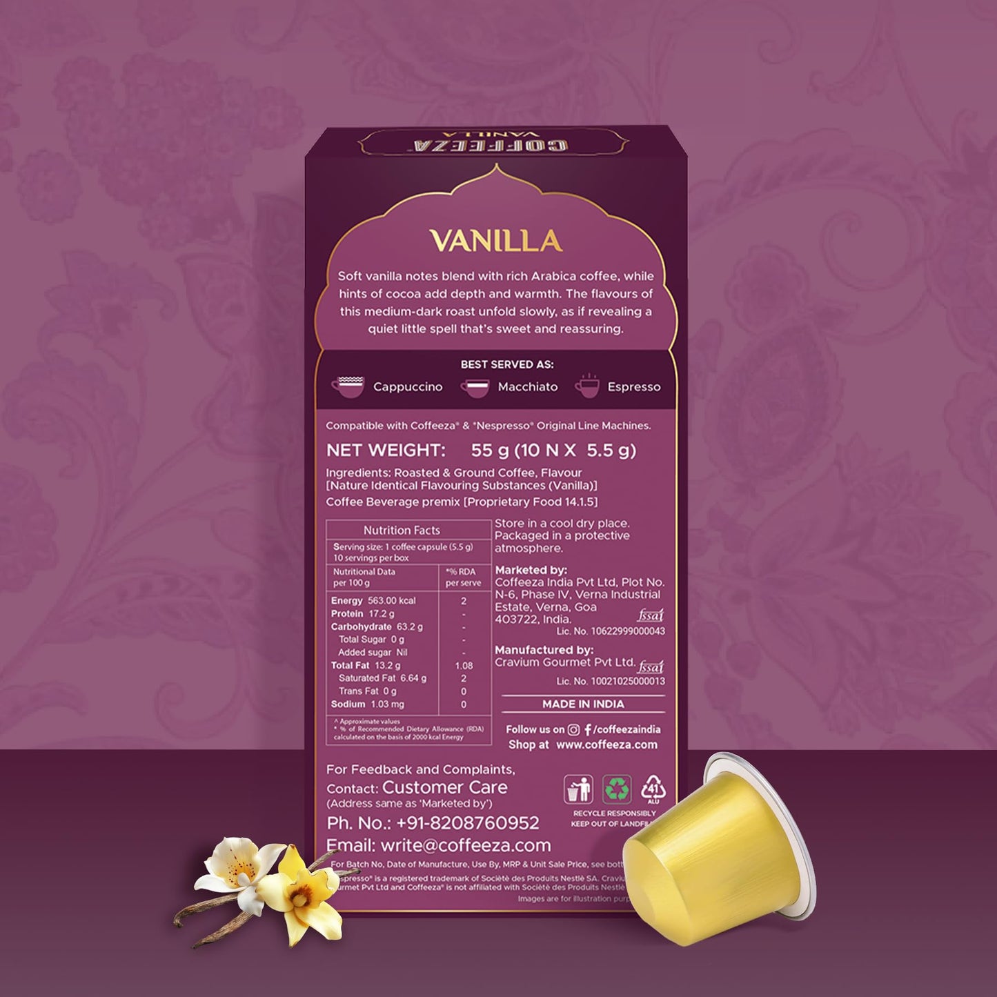 Coffeeza Vanilla Flavoured Coffee Capsules, Intensity - 6 | Aluminium Coffee Pods |100% Arabica | Box of 1 (10 Capsules)