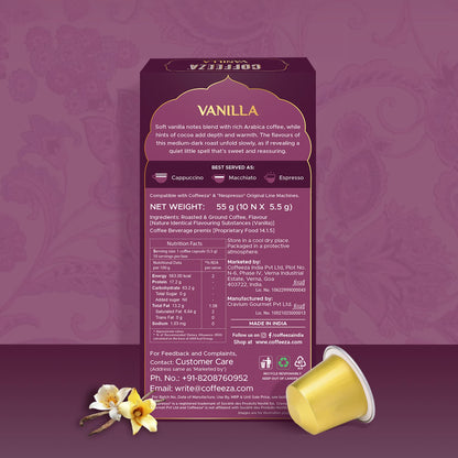 Coffeeza Vanilla Flavoured Coffee Capsules, Intensity - 6 | Aluminium Coffee Pods |100% Arabica | Box of 1 (10 Capsules)