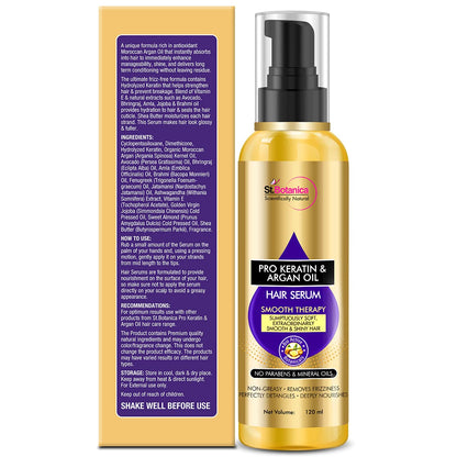 St.Botanica Smoothening Pro Keratin & Argan Hair Serum for Women, 200 ml | with Pro Keratin & Argan Oil | Deeply Conditions Dry, Damaged Hair | Protects Coloured Hair | No Parabens & Sulphates