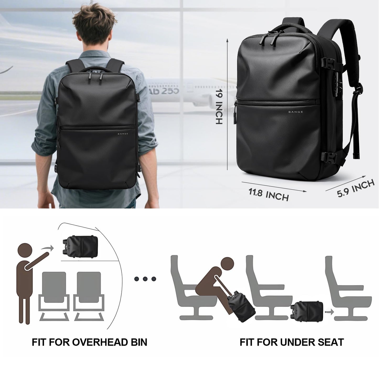 BANGE travel backpack can hold 15.6 inch laptop with anti-theft lock for men and women, Black, L