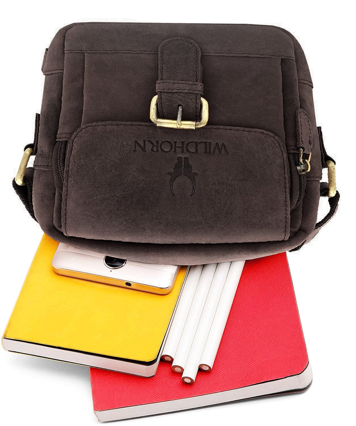 WildHorn Genuine Leather Mini Sling Bag for Men | Compact, Durable & Stylish | Buckle Closure | Front Zip Pocket | 1-Year Warranty