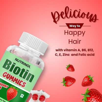 Knoll Healthcare Nutrinol Biotin Hair Gummies (60N) | No Added Sugar | With Biotin, DHT Blockers, Vitamin A, C, E, Fibre & Zinc | For Stronger and Healthier Hair | 100% Veg & Gut Friendly | Strawberry Flavour