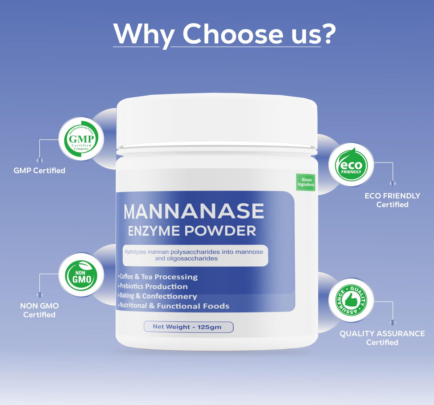 Bioven Ingredients Mannanase Enzyme, Non-GMO, Dietary Supplements/Food and Beverages, Broad pH Range of Activity, Excellent Thermostability, Hydrolyse Mannan, No Filters/Binder