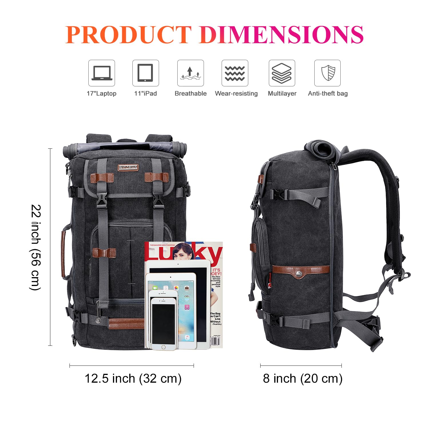 WITZMAN Canvas Backpack for Man Vintage Travel Backpack Large Laptop Ba- image 2