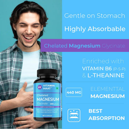Magnesium Glycinate Supplement | Magnesium Supplement with Vitamin B6 and L-Theanine Supports Muscle Recovery & Better Sleep | 2100mg Per Serving | 120 Capsule by VitaminHaat