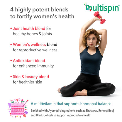 Multispin Advanced Multivitamin for Women (60 Tablets) | With 40 Clinically Researched Ingredients | For Glowing Skin, Shining Hair, Growing Nails, Energy, Immunity and Joint, PCOD, PCOS