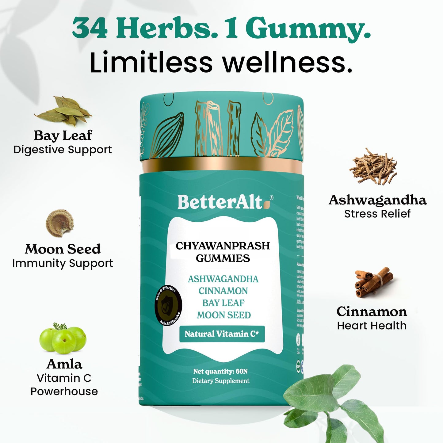 BetterAlt Chyawanprash Gummies with Amla & 34 Ayurvedic Herbs | Immunity Booster | Natural Vitamin C, Ashwagandha for Daily Balance, Herbal Wellness Blend | No Added Sugar, Vegan | 60 Gummies