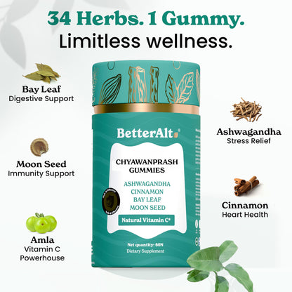 BetterAlt Chyawanprash Gummies with Amla & 34 Ayurvedic Herbs | Immunity Booster | Natural Vitamin C, Ashwagandha for Daily Balance, Herbal Wellness Blend | No Added Sugar, Vegan | 60 Gummies