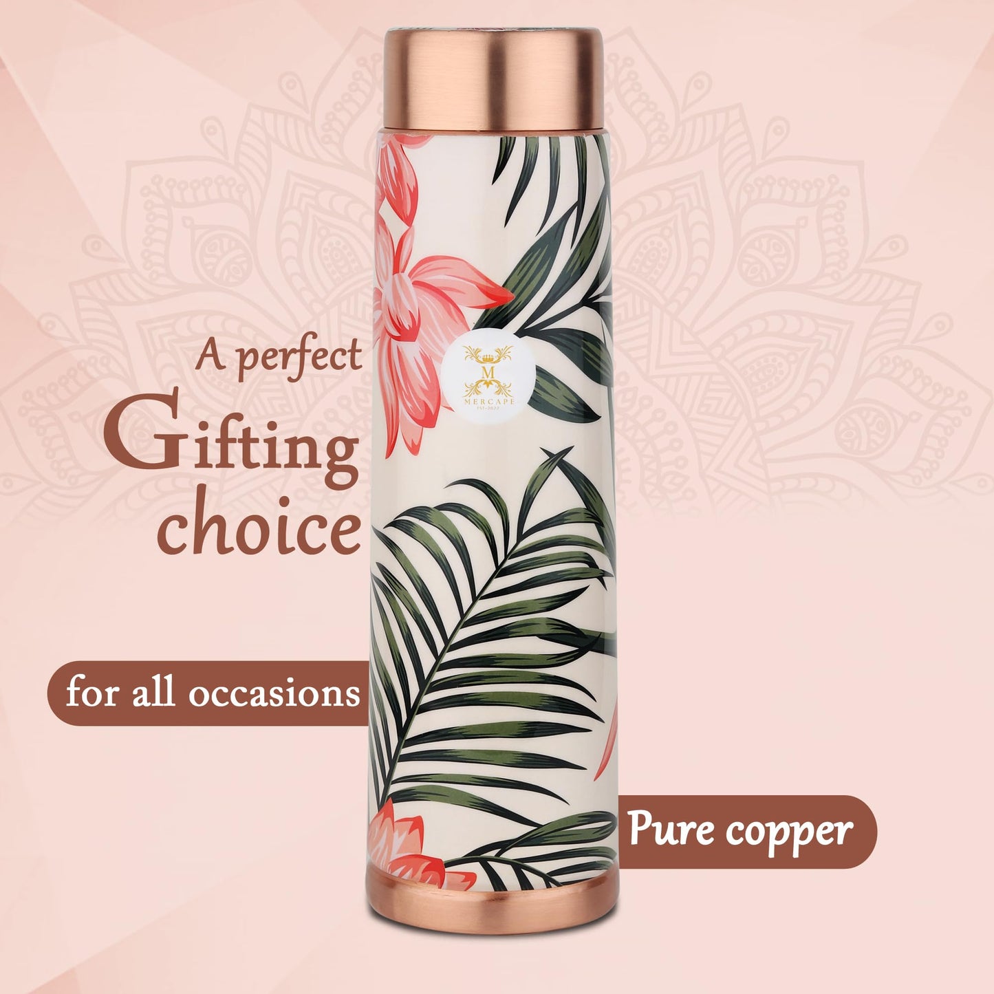 MERCAPE® - Copper Bottles for Water with Leak Proof Lid | 100% Pure Copper Bottle | BPA Free & Non Toxic | Printed Ayurvedic Copper Bottle for Health Benefits - 950 ML