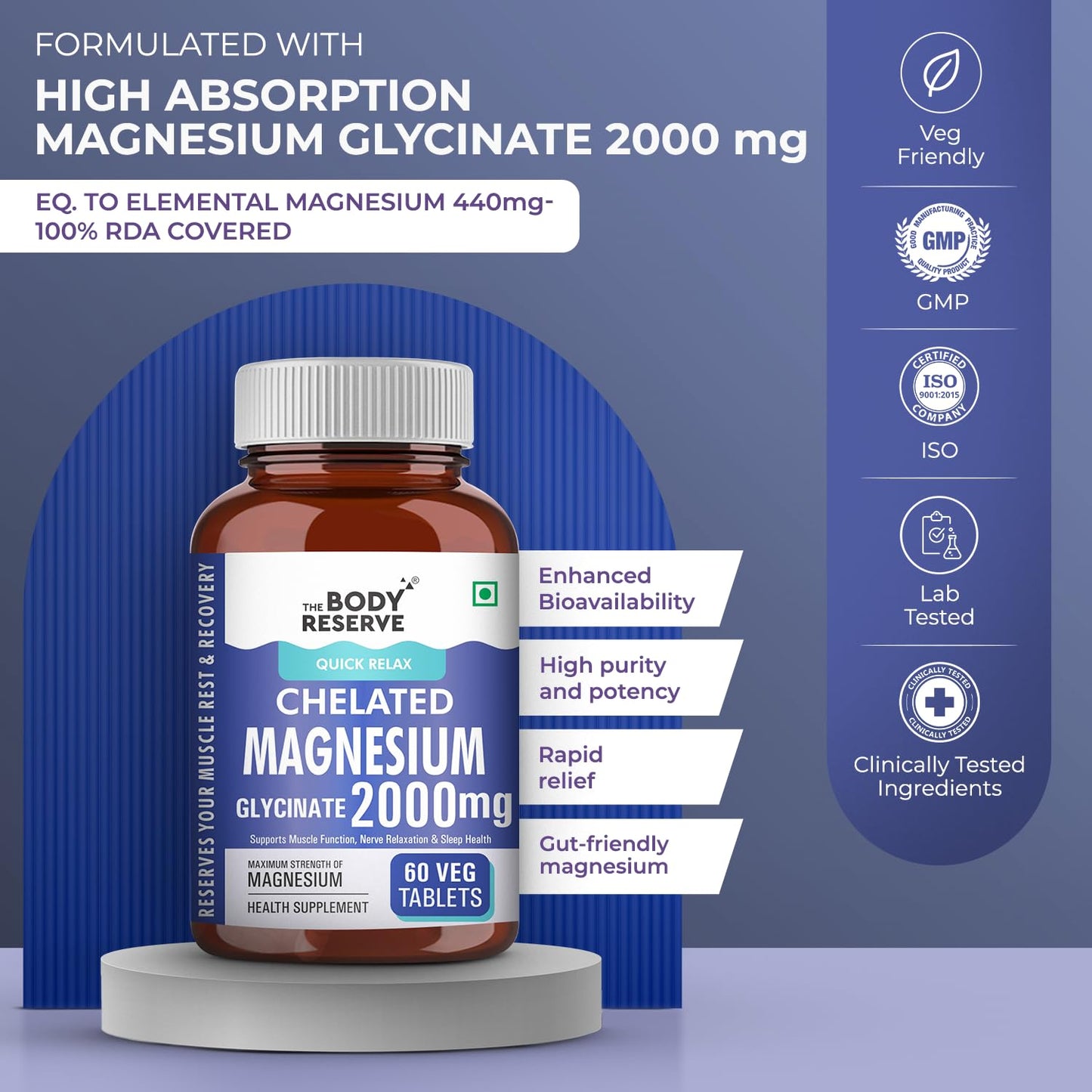 The Body Reserve Magnesium Glycinate Supplement 60 Veg Tablets, 2000mg Per Serving, High Absorption Chelated Form, helpful in Muscle & Nerve Relaxation, Better Sleep Quality for Men & Women