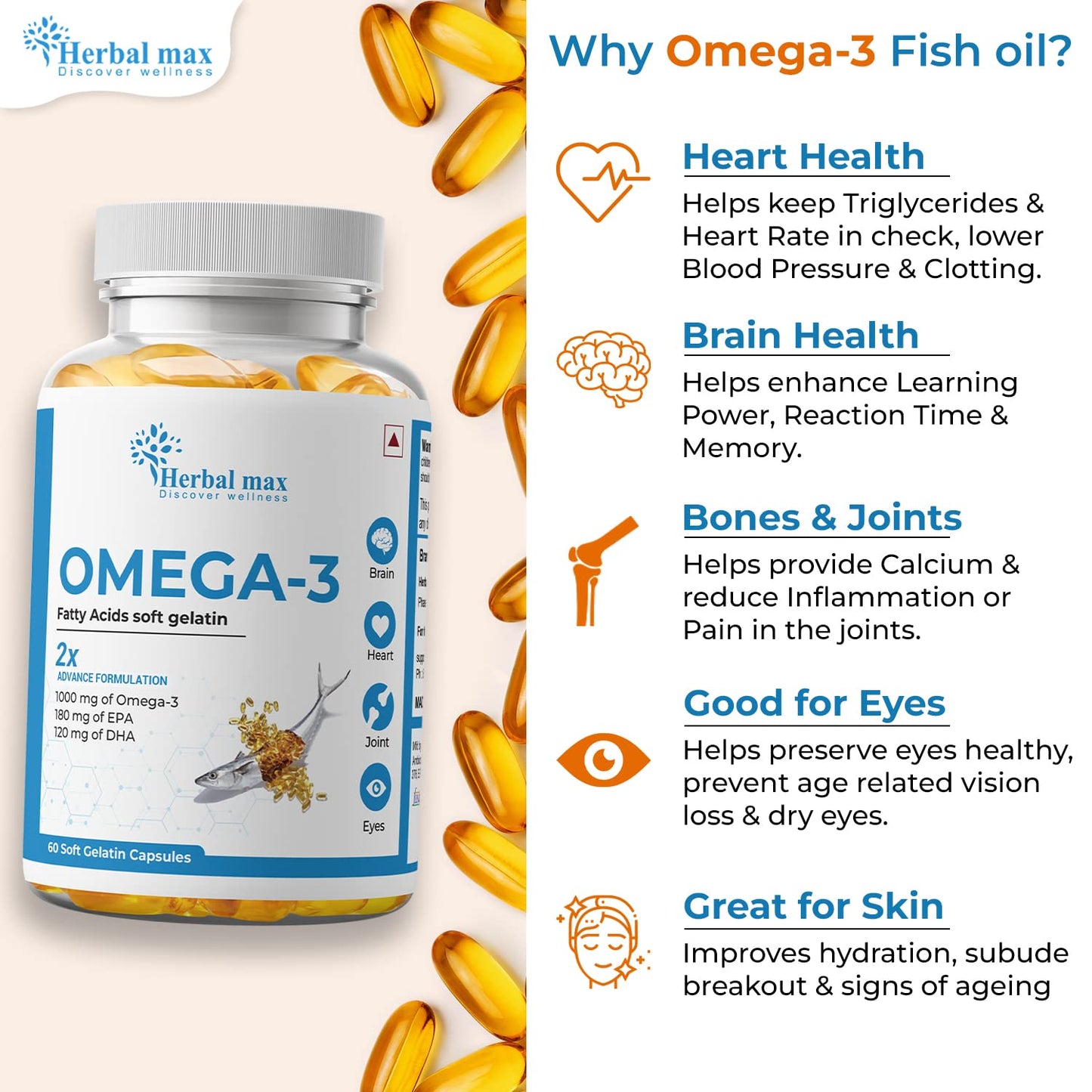 Herbal max Omega -3 Fish Oil Capsule - 60 Caps (1000mg Omega 3 with 180mg EPA & 120mg DHA)