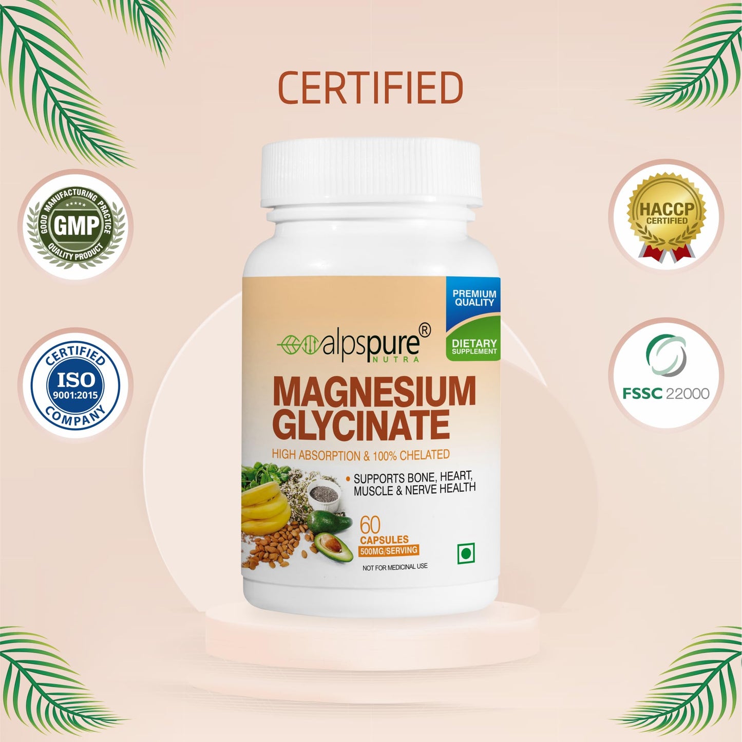 Alpspure Nutra Magnesium Glycinate | 60 Veg Capsules | High Absorption & Chelated Form | Better Sleep Quality | Improves Muscle & Nerve Function | Magnesium Supplement | Healthy Bones