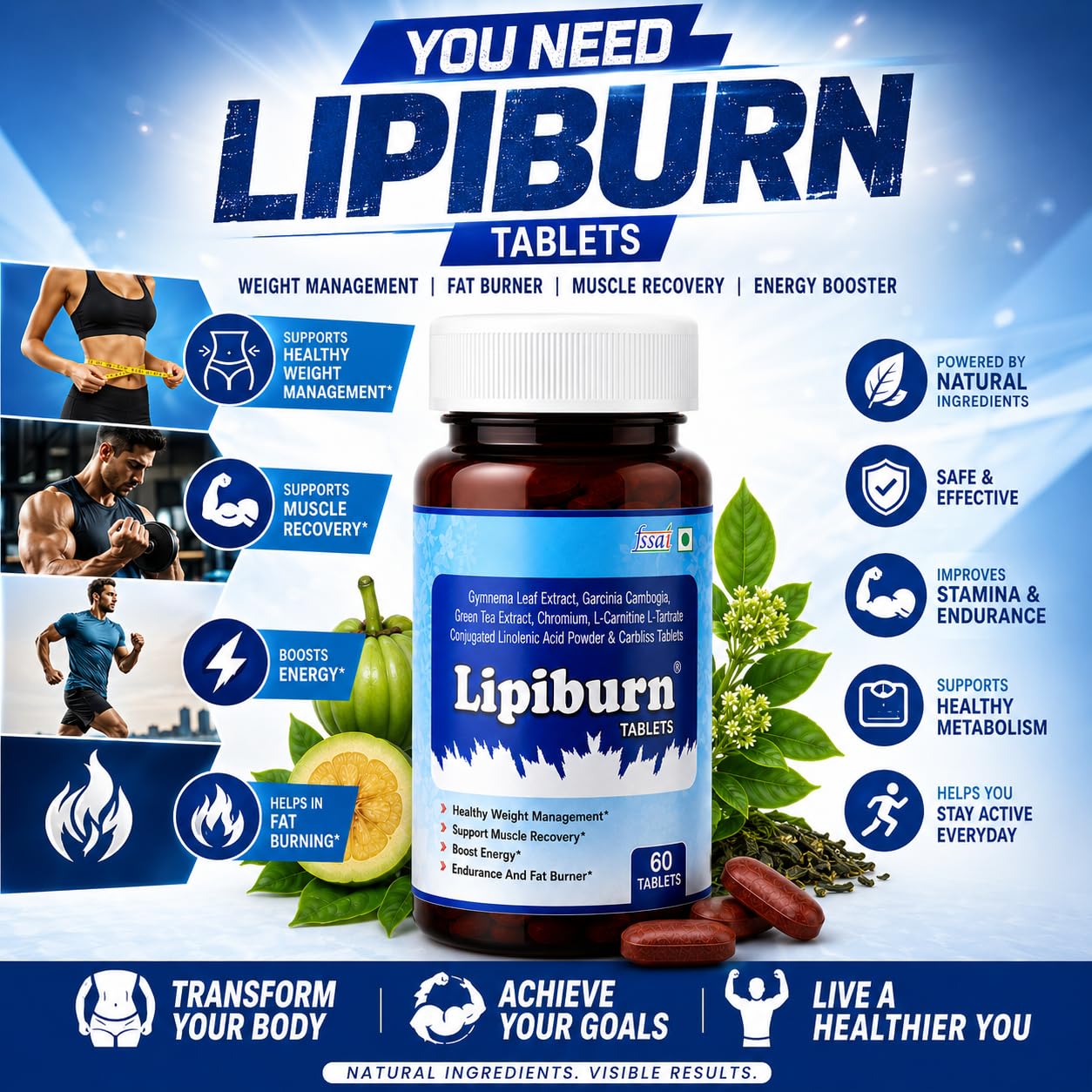 Lipiburn Fat Burner & Weight Management Tablets for Men & Women | Energy Booster & Metabolism Support | Gymnema, Garcinia Cambogia & Green Tea Extract | Supports Muscle Recovery | 60 Tablets