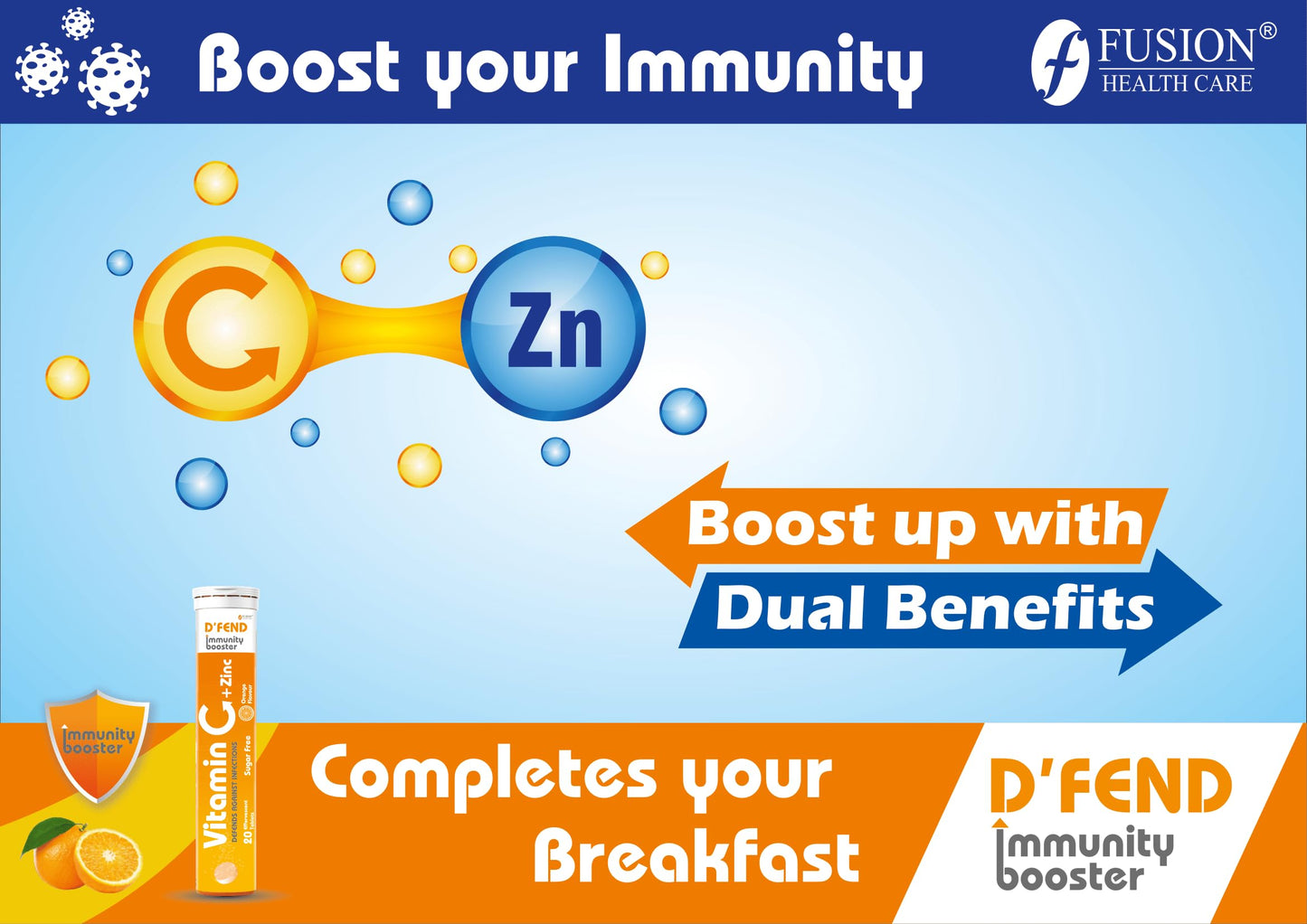 D'FEND Natural Vitamin C - 20 Effervescent Tablets, Amla Extract + Zinc for Daily Immunity | Helps to boost & Strengthens Collagen for Healthy Skin, Hair & Nails- Orange Flavour