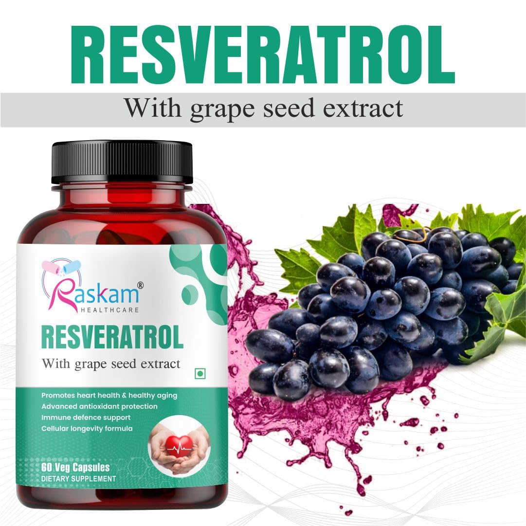Raskam Resveratrol Supplement with Grape Seed Extract | 60 Veg Capsules | Highly Bioavailable | Antioxidant Support for Healthy Aging | Heart, Immune & Skin Support