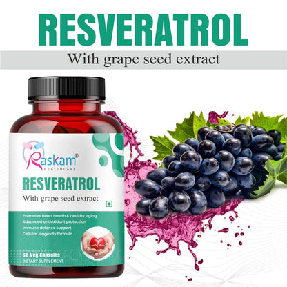 Raskam Resveratrol Supplement with Grape Seed Extract | 60 Veg Capsules | Highly Bioavailable | Antioxidant Support for Healthy Aging | Heart, Immune & Skin Support