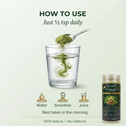 ELPURE Moringa Powder 100g, 100% Pure & Edible Grade Superfood Supplement, Powder Form, for Iron, Energy & Daily Nutrition Support, No Preservatives, Plant Based Protein, Immunity Booster